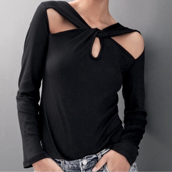 Anthropologie Tops - Anthro Ribbed Top Twist Tie Cut Out NEW Black Keyhole Long Sleeves XL